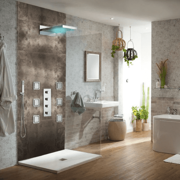 Juno 22" Wall Mount Waterfall Rainfall LED Shower Head with Jetted Body Massage Showers