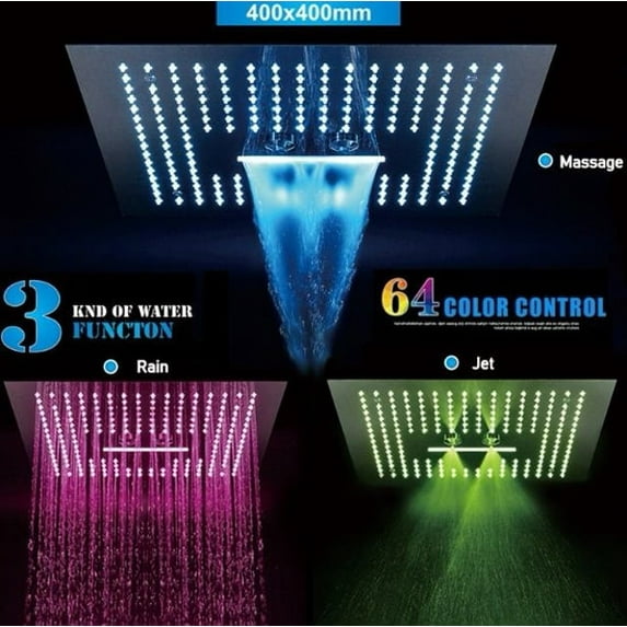 Juno 3 Function 16" Square Stainless Steel Remote Control LED Showerhead