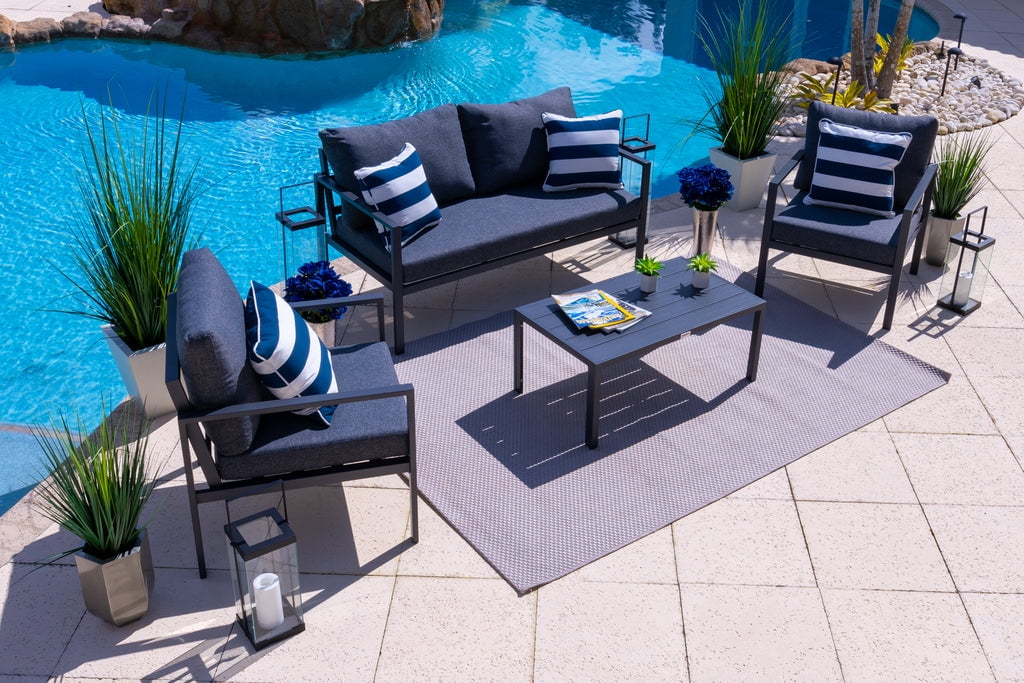 Juno 4 Piece Aluminum Outdoor Patio Furniture Conversation Sofa Set in Charcoal w Loveseat Two Armchairs and Coffee Table