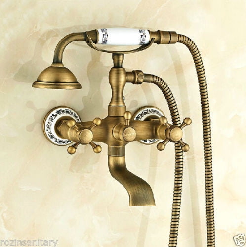 Juno Antique Brass Wall Mount Clawfoot Bathtub Faucet + Hand Shower