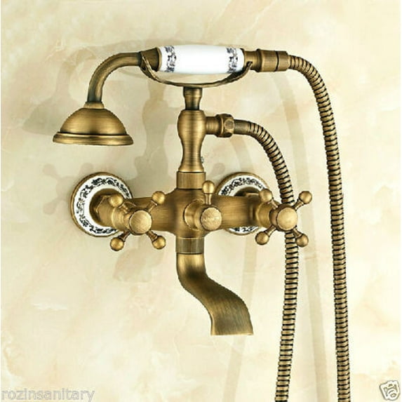 Juno Antique Brass Wall Mount Clawfoot Bathtub Faucet + Hand Shower