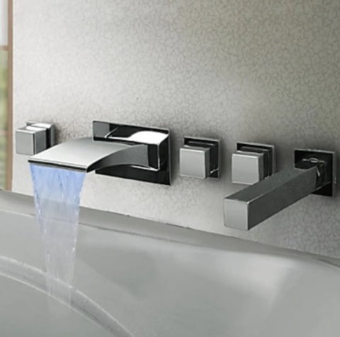 Juno Beautiful Square Handle LED Widespread Bathroom Bathtub Faucet with Hand Held Shower
