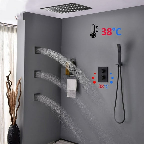 Juno Black Rainfall Digital Shower Head with 3 Jet Spa Bathroom Shower