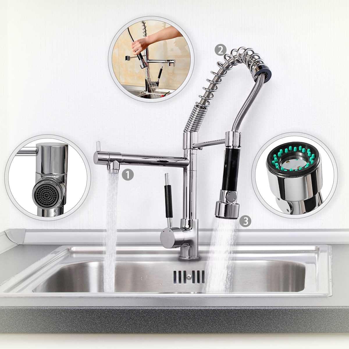 Juno Chrome Finish Kitchen Sink Faucet Pull-out Swivel Spout Hand Sprayer with Hot & Cold Water Mixer