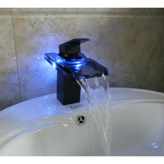 Juno Color Changing LED Oil Rubbed Bronze Glass Spout Waterfall Single Lever Bathroom Sink Faucet