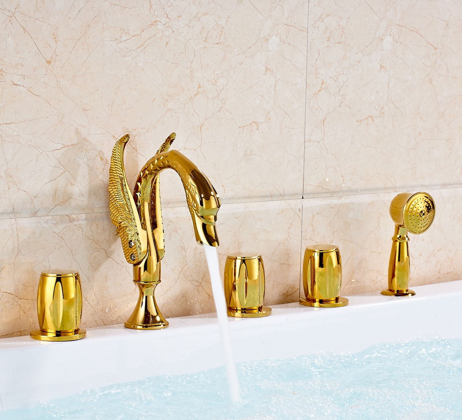 Juno Deck Mount Gold Triple Handle Bathtub Faucet with Hand Shower