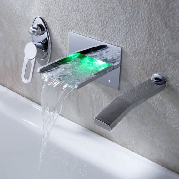 Juno Delightful Le Havre Wall Mounted Waterfall LED Bathtub Faucets with Pull-Out Handheld Shower Head