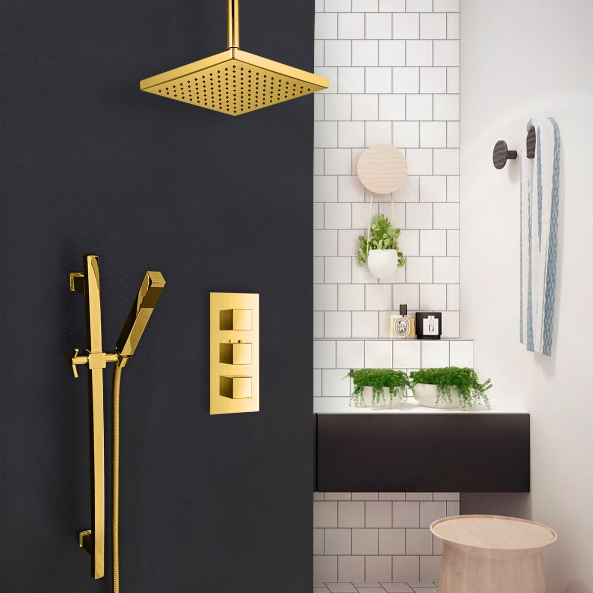 Juno Gold Plated Ceiling Mount Square Shower Head Set with Hand Shower ...