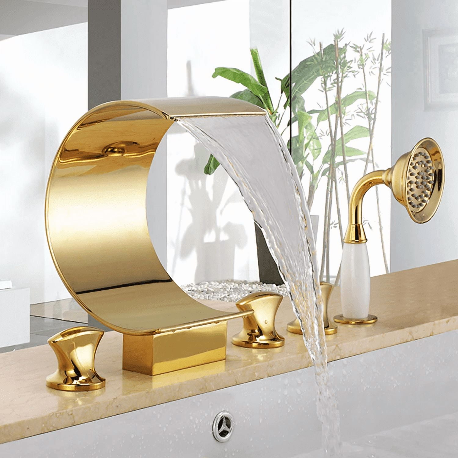 Juno Gold Waterfall Deck Mount Bathtub Faucet