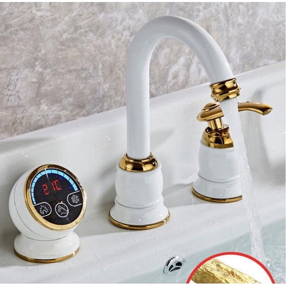 Juno Gold & White Digital Water Temperature Display Deck Mount Bathroom Sink Faucet Mixer Tap