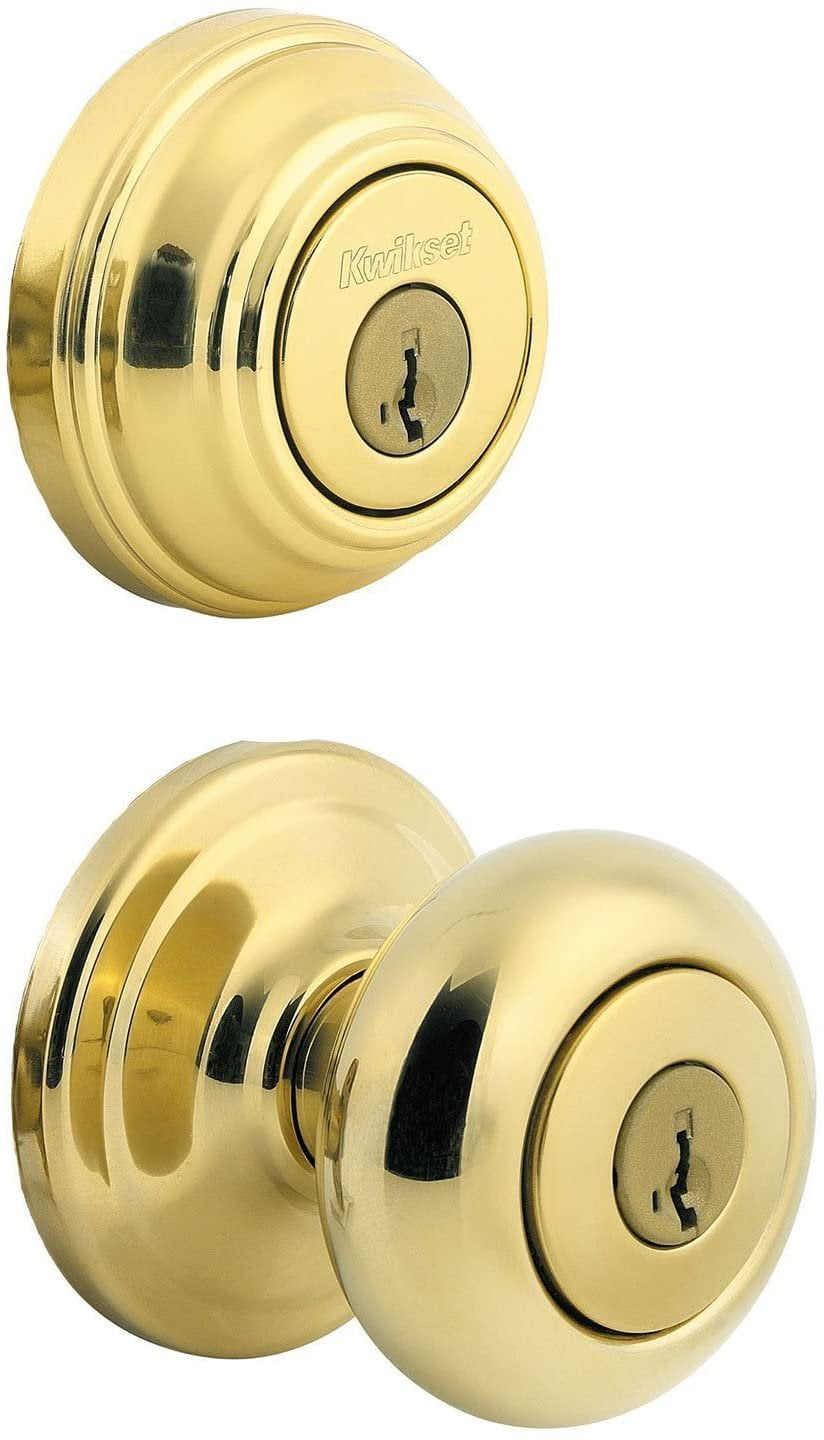 Kwikset Juno Keyed Entry Door Knob and Single Cylinder Deadbolt Combo - Brass Finish — Construction & DIY Use, Standard Hardware Spec