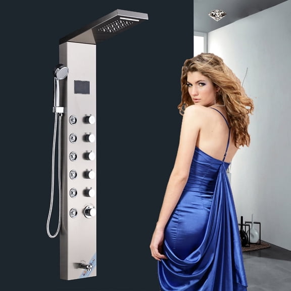 Juno Luxury Digital Display LED Brushed Nickel Shower Panel with 6 Valve And Hand Held Shower