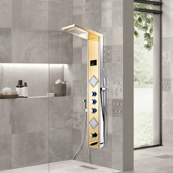 Juno Multi Function Gold Wall MountBathroom LED Shower Faucet Panel With Thermostatic Massage Jets