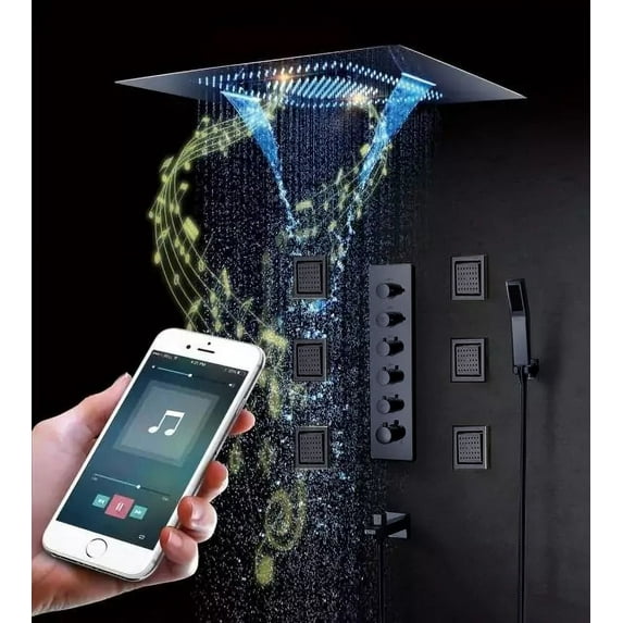 Juno Musical Rectangular Matte Black Ceiling Remote Control LED Shower Head with Thermostatic Faucet Set