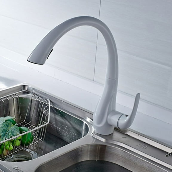 Juno Natalie White Paint Kitchen Sink Faucet Deck Mounted Single Handle Swivel Water Outlet Pull Out Spout