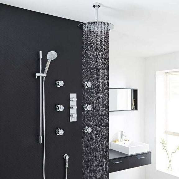 Juno New Thermostatic Ceiling Mount Rain Shower System with 6 Jetted