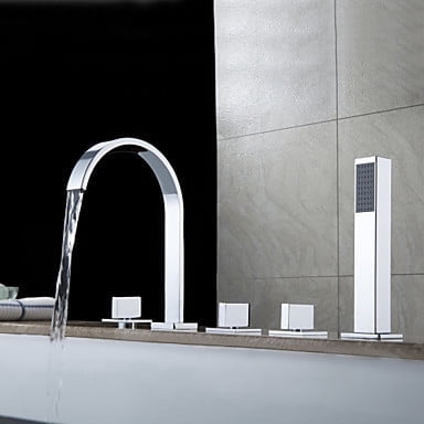 Juno Palermo Square Spout Bathtub Mixer Faucet And Hand Held Shower In Chrome