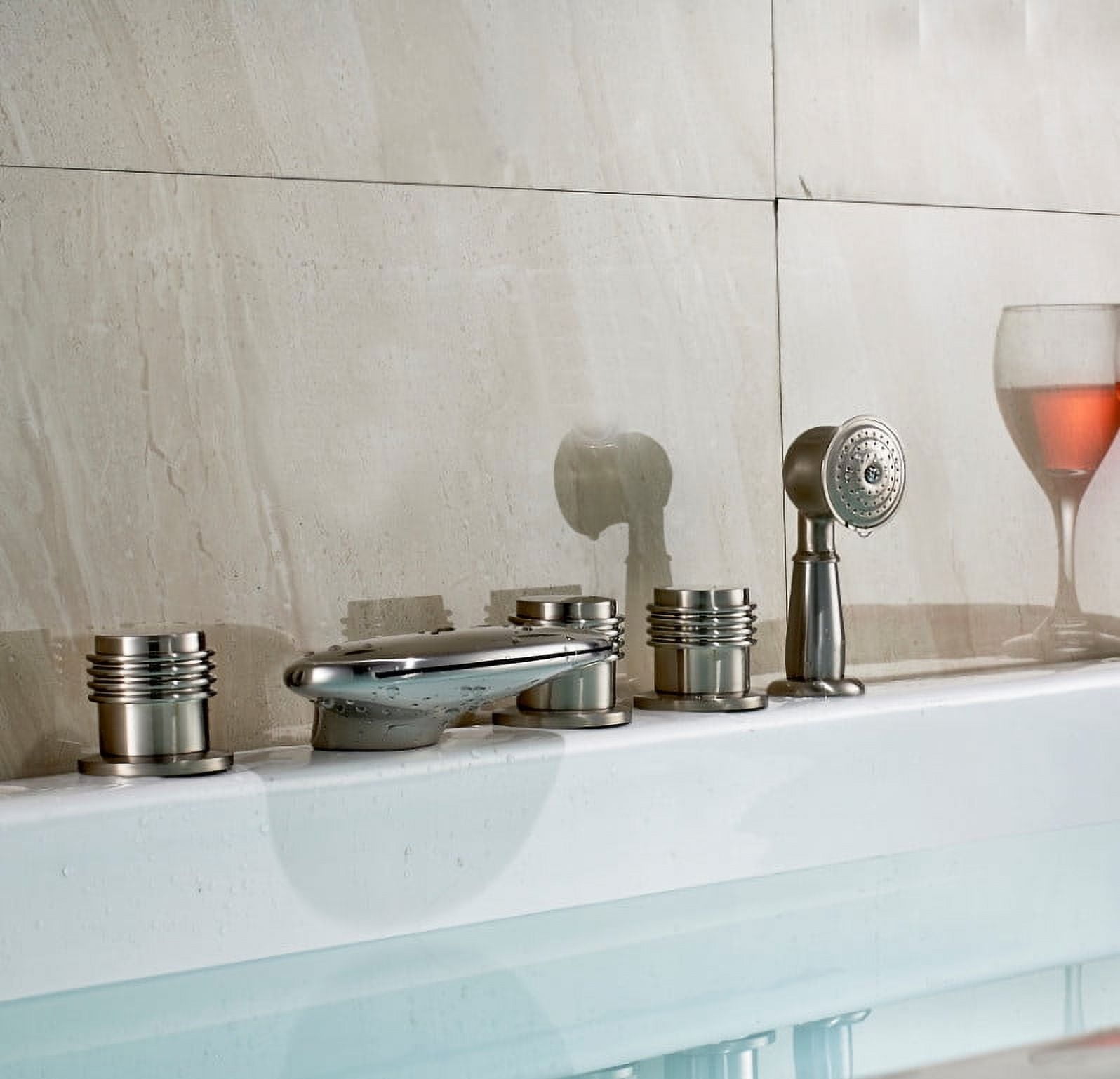 Juno Round Triple Handle Brushed Nickel Bathroom Tub Faucet