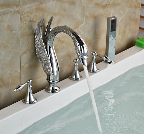 Juno Swan Deck Mount Chrome Bathtub Faucet with Hand Shower