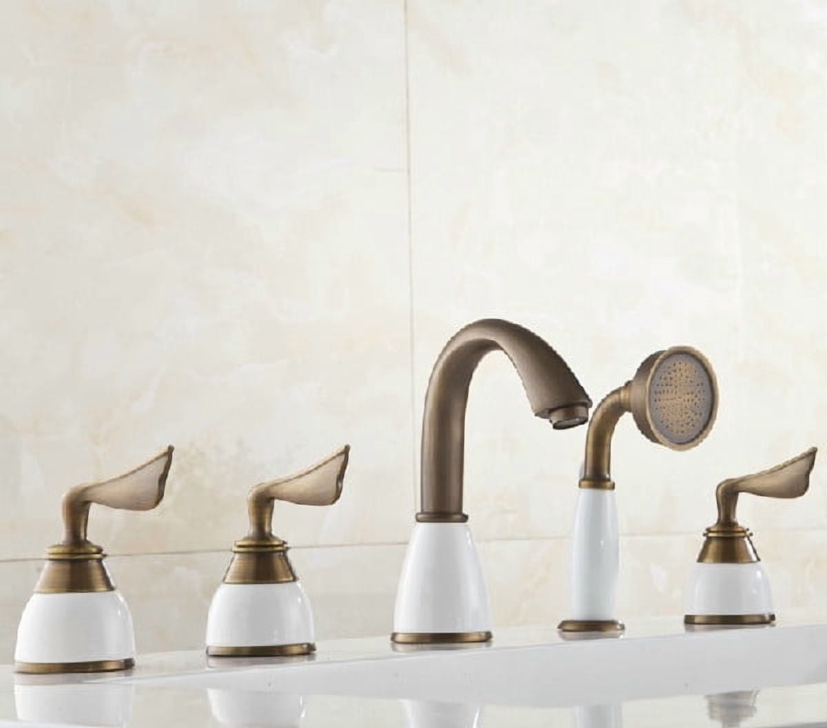 Juno Three Handles Antique Brass Bathtub Faucet With Hand shower