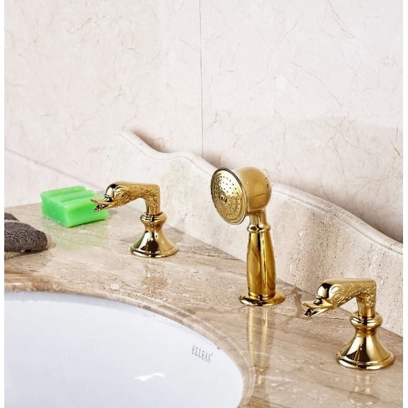 Juno Trento Swan Dual Handle Gold Bathroom Sink Pull Out Shower Faucet