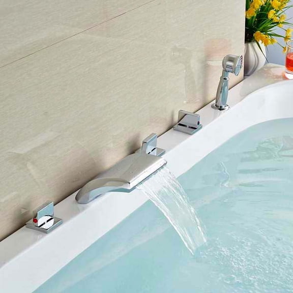 Juno Triple Handle Deck Mounted Bathtub Faucet With Handheld Shower