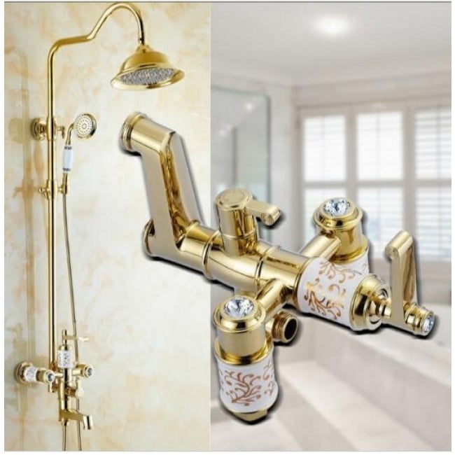 Juno White Design Gold Bath Shower Faucet & Shower Head with Hand held Shower