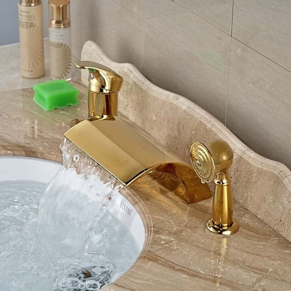 Juno Wide Waterfall Deck Mount Single Handle Waterfall with Hand-Held Shower