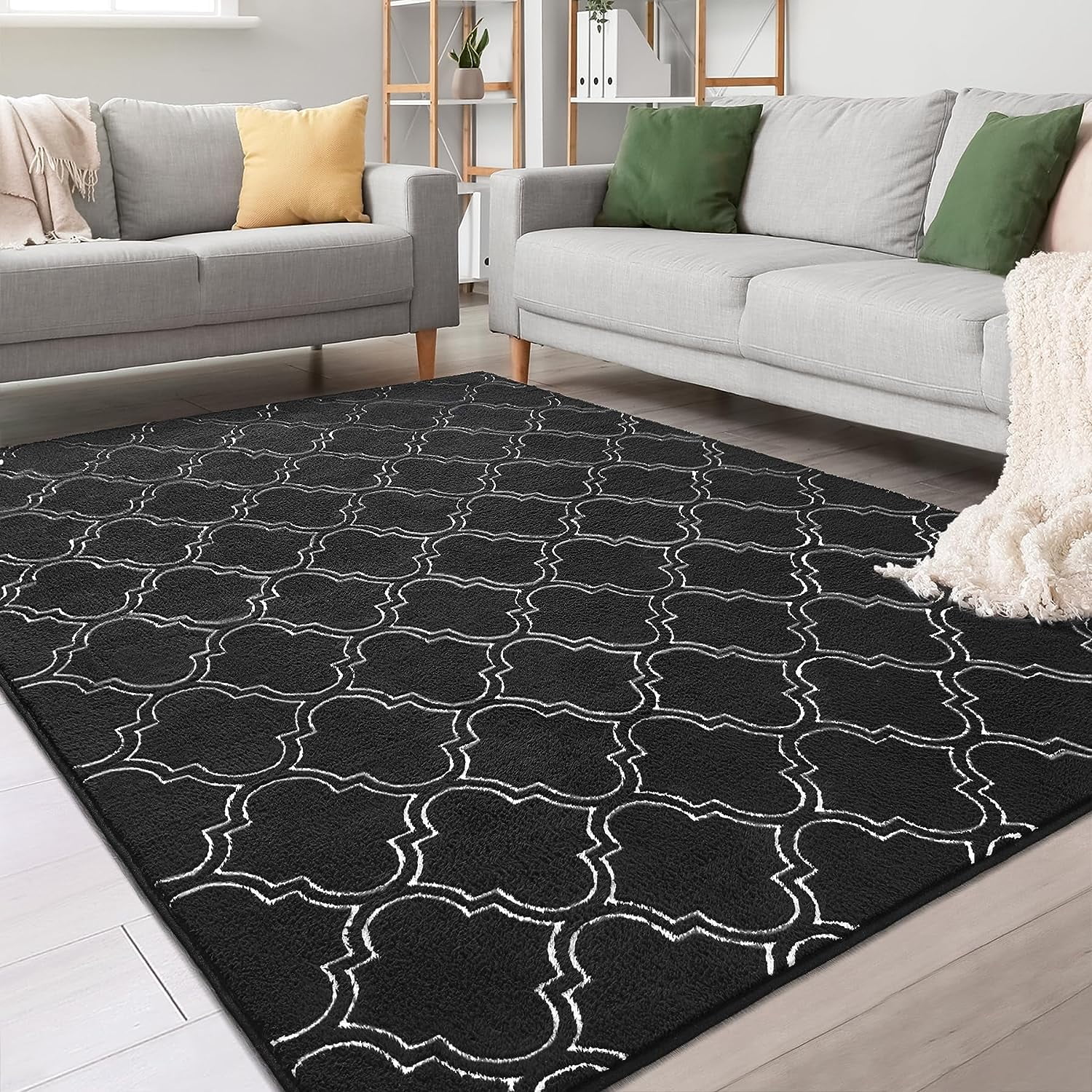 Junovo 4'x6'Modern Geometric Area Rug for Bedroom and Living Room, Fluffy Indoor Carpet for Family Room Decor,Black
