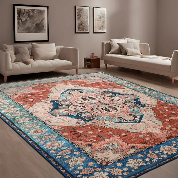 Junovo 4'x6'Rugs for Living Room Boho Rug Floor Carpet,Blue/Orange