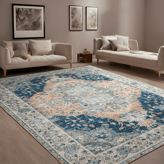 Junovo 4'x6'Rugs for Living Room Boho Rug Floor Carpet,Dark Blue