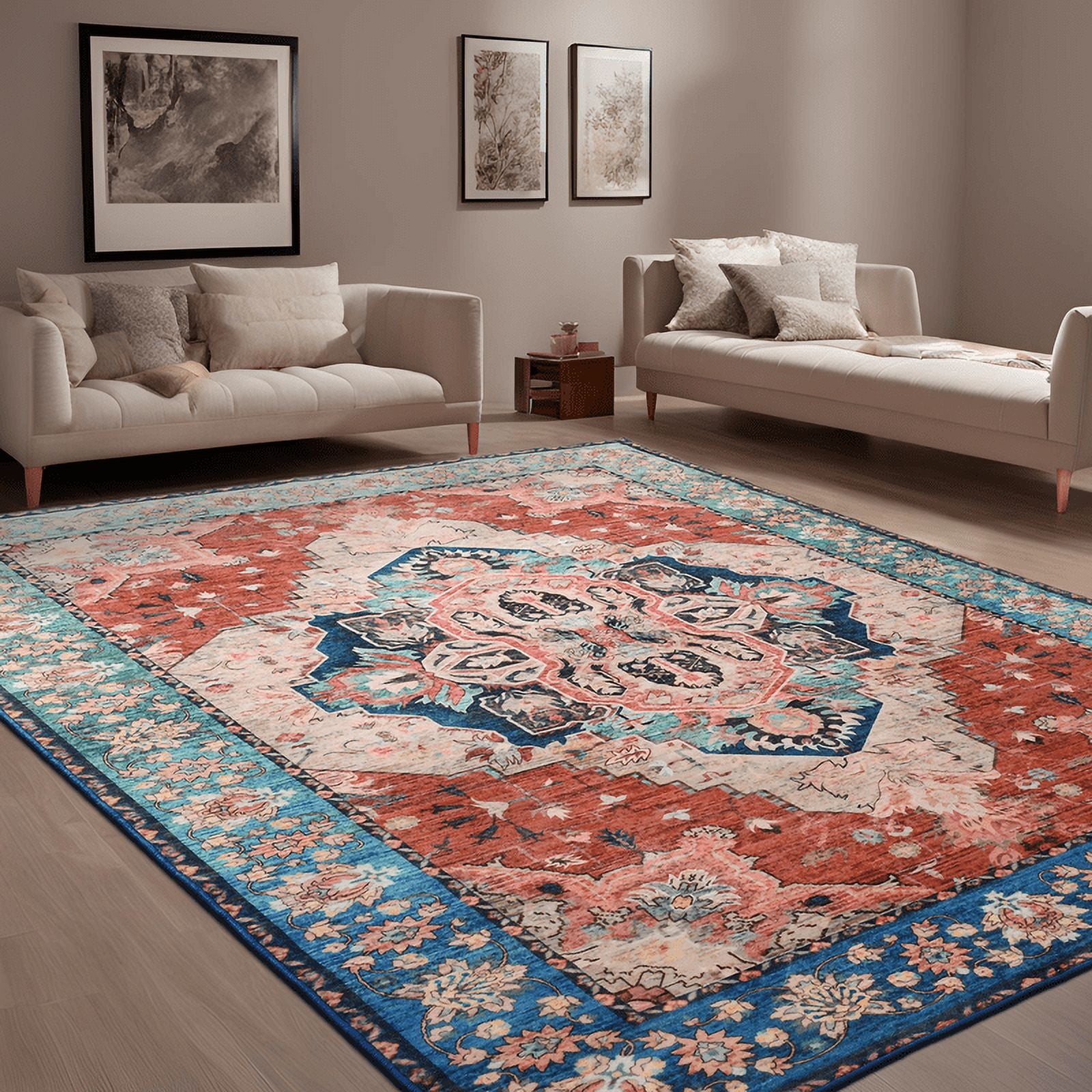Junovo 6'x9'Rugs for Living Room Boho Rug Floor Carpet,Blue/Orange