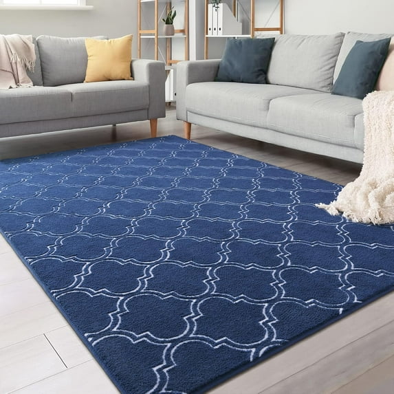 Junovo 7'x10'Modern Geometric Area Rug for Bedroom and Living Room, Fluffy Indoor Carpet for Family Room Decor,Navy Blue