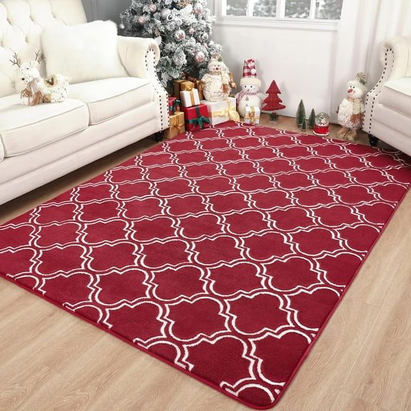 Junovo 7'x10'Modern Geometric Area Rug for Bedroom and Living Room, Fluffy Indoor Carpet for Family Room Decor,Wine Red
