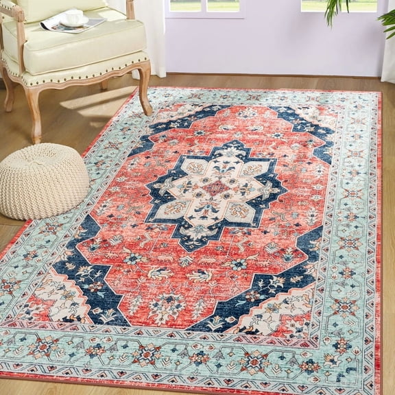 Junovo 9'x11'Rugs for Living Room Boho Rug Floor Carpet,Red/Blue
