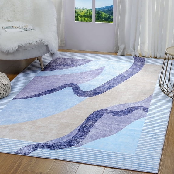 Junovo Abstract Rug Low-Pile Soft Rugs for Living Room Floor Carpet,5'x8',Blue