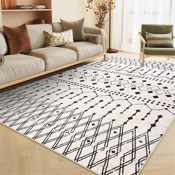 Junovo 4'x6'Beige Washable Non-Slip Low Pile Moroccan Geometric Area Rug for Living Room