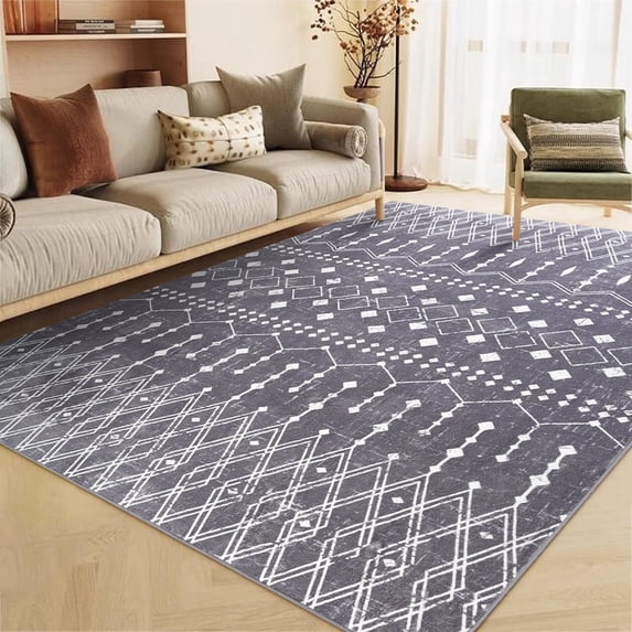 Junovo 5'x8'Gray Washable Non-Slip Low Pile Moroccan Geometric Area Rug for Living Room
