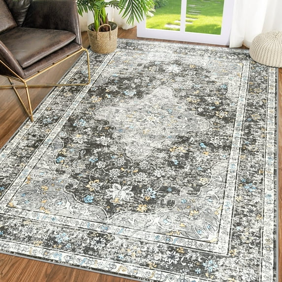 Junovo Boho Area Rugs Vintage Boho Carpet Non-slip Floor Rug for Living Room,5'x7',Dark Gray