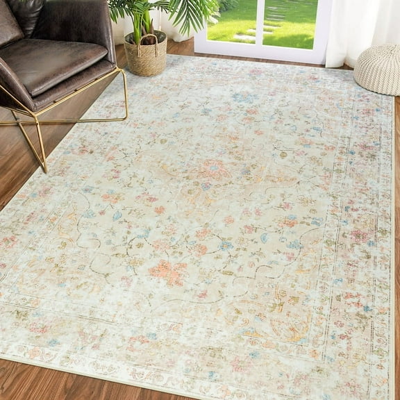 Junovo Boho Area Rugs Vintage Boho Carpet Non-slip Floor Rug for Living Room,5'x8',Beige