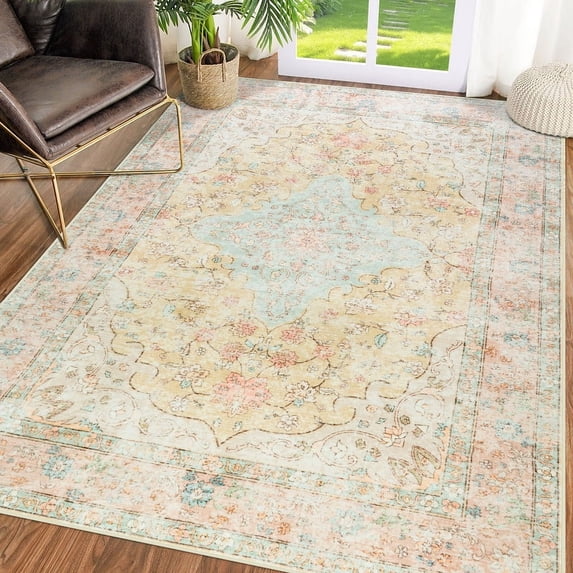 Junovo Boho Area Rugs Vintage Boho Carpet Non-slip Floor Rug for Living Room,5'x8',Orange