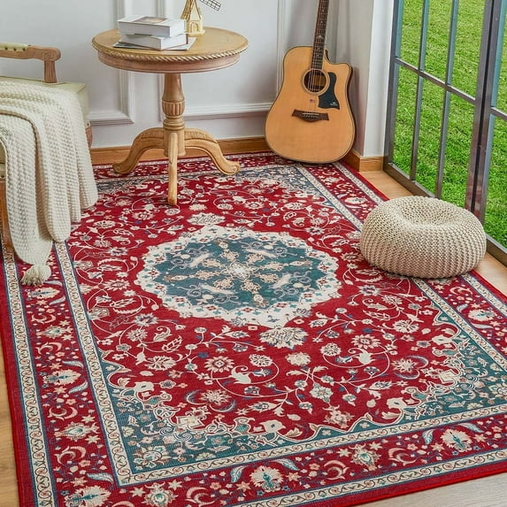 Junovo Boho Rug Non Slip Bedroom Rug Vintage Area Rugs for Living Room,6'x9',Red
