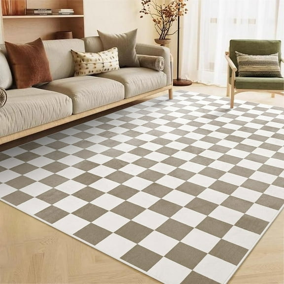Junovo Checkered Area Rug for Bedroom Washable Area Rugs Modern Soft Indoor Floor Carpet for Living Room,4'x6',Tan/White