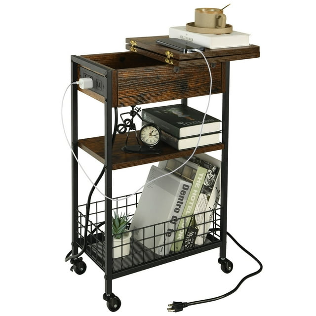 Junovo End Table with Wheel,3Tier Side Rectangle Table,Narrow Side