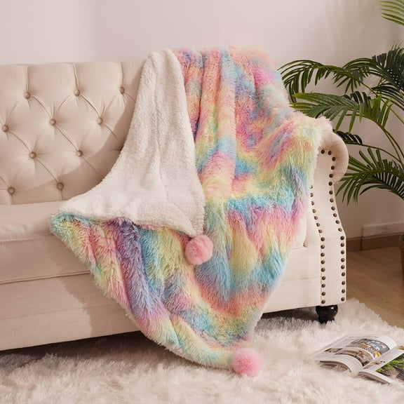 Junovo Faux Fur Throw Blankets,Soft Fuzzy Blankets for Sofa,Couch and Bed,Long Hair Plush Fluffy Blankets,60x80 Inches, Rainbow