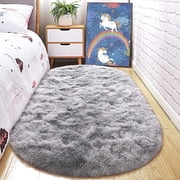 Junovo Fluffy Oval Rug Soft Tie Dye Area Rugs Shaggy Colorful Carpet Plush Bedside Carpet for Teen Dorm Baby Nursery,2.6 x 5.3ft,Gray