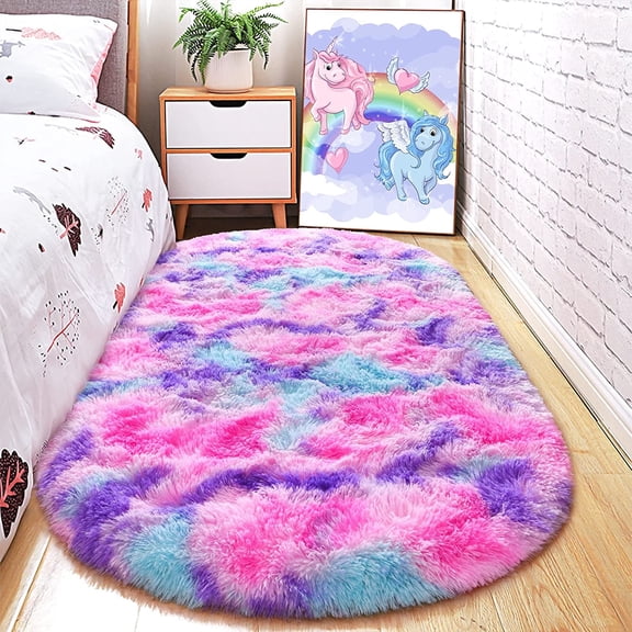 Junovo Fluffy Oval Rug Soft Tie Dye Area Rugs Shaggy Colorful Carpet Plush Bedside Carpet for Teen Dorm Baby Nursery,2.6 x 5.3ft,Hot Pink