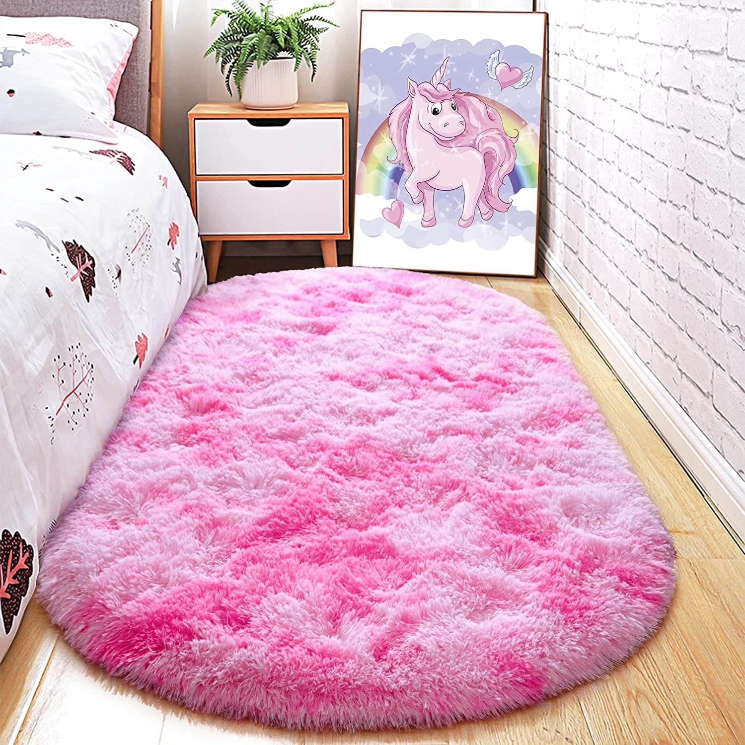 Junovo Fluffy Oval Rug Soft Tie Dye Area Rugs Shaggy Colorful Carpet Plush Bedside Carpet for Teen Dorm Baby Nursery,2.6 x 5.3ft,Pink