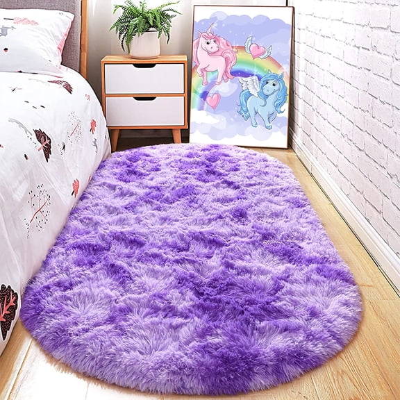 Junovo Fluffy Oval Rug Soft Tie Dye Area Rugs Shaggy Colorful Carpet Plush Bedside Carpet for Teen Dorm Baby Nursery,2.6 x 5.3ft,Purple