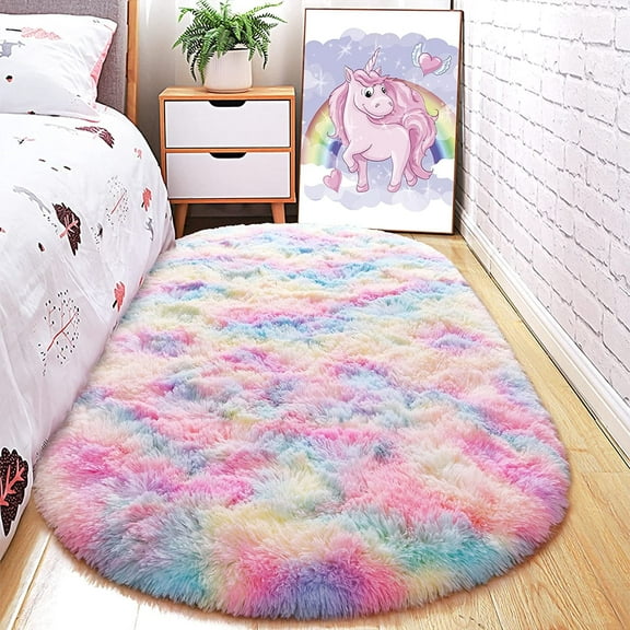 Junovo Fluffy Oval Rug Soft Tie Dye Area Rugs Shaggy Colorful Carpet Plush Bedside Carpet for Teen Dorm Baby Nursery,2.6 x 5.3ft,Rainbow